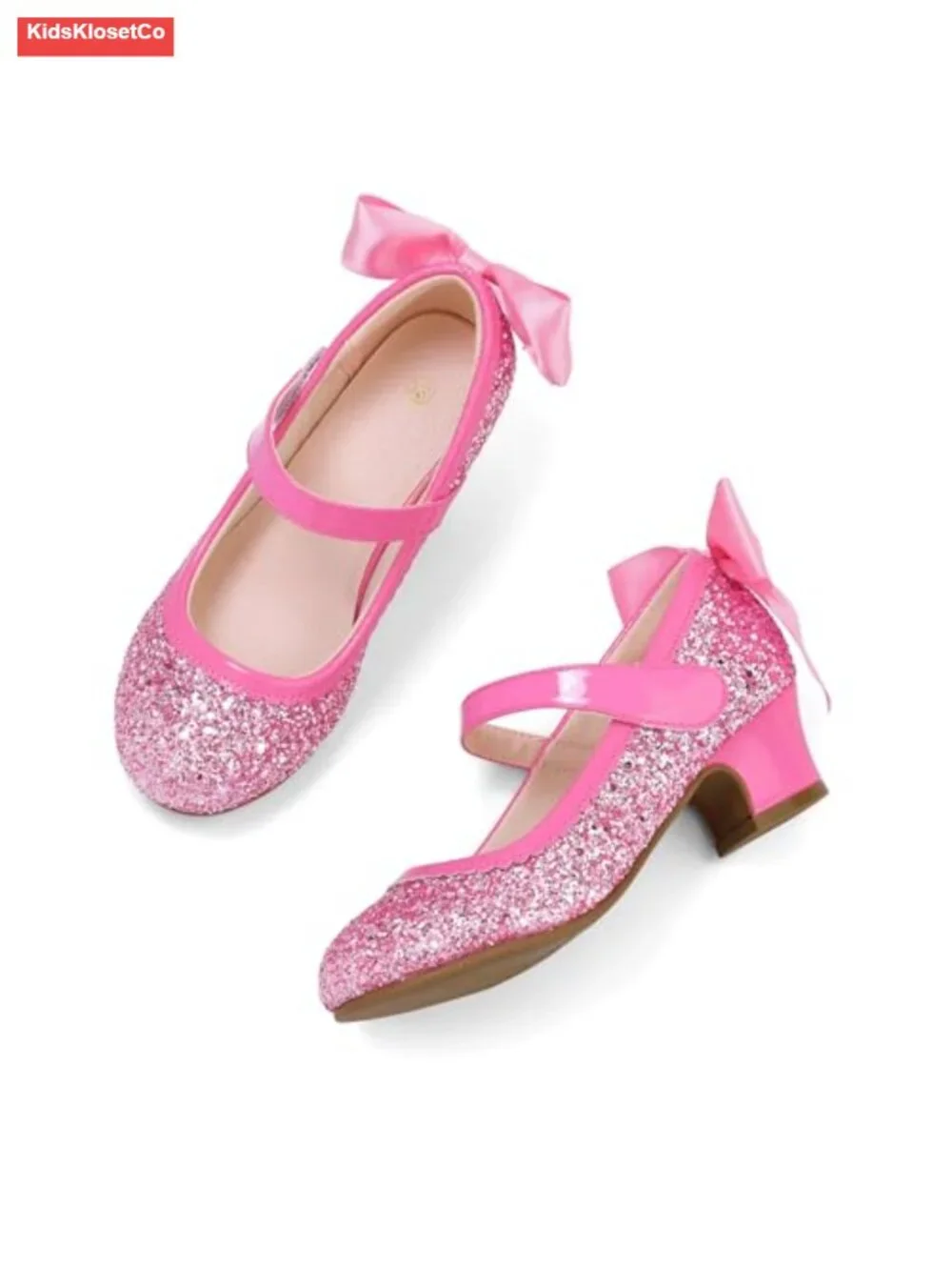Girls Glitter Mary Jane Heels - Princess Pumps with Low Heel and Hook & Loop